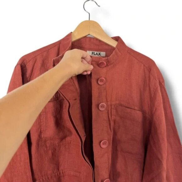 Flax Linen Grateful Jacket Spice Pockets Lagenlook Rust Orange Buttons $214 - Picture 10 of 11